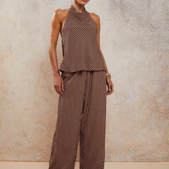 Multicolor Sexy Women's Elegant Resort Striped Halter top and pants 2 piece Set - Picture 5 of 7